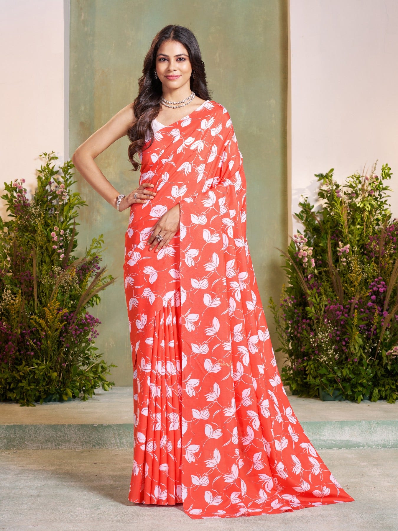 Floral Print Art Silk Red Saree 