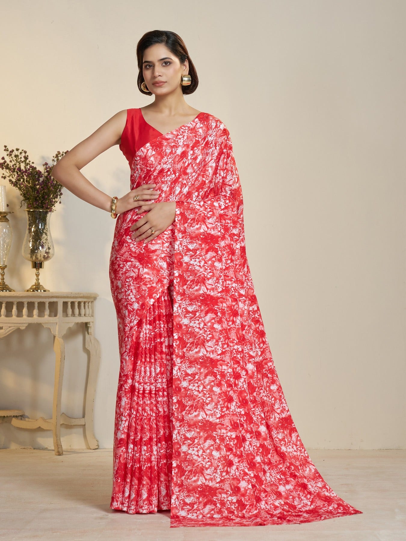 Floral Print Crepe Red Saree With Blouse