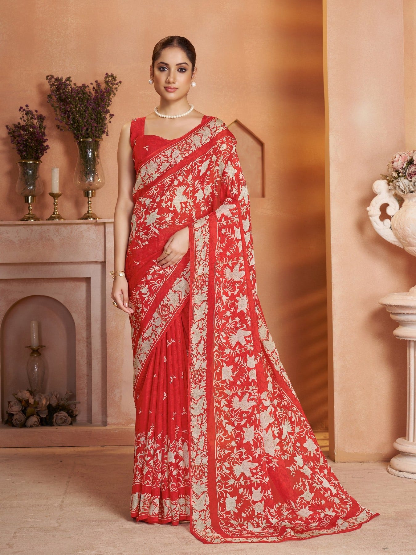 Floral Print Organza Red Saree With Blouse