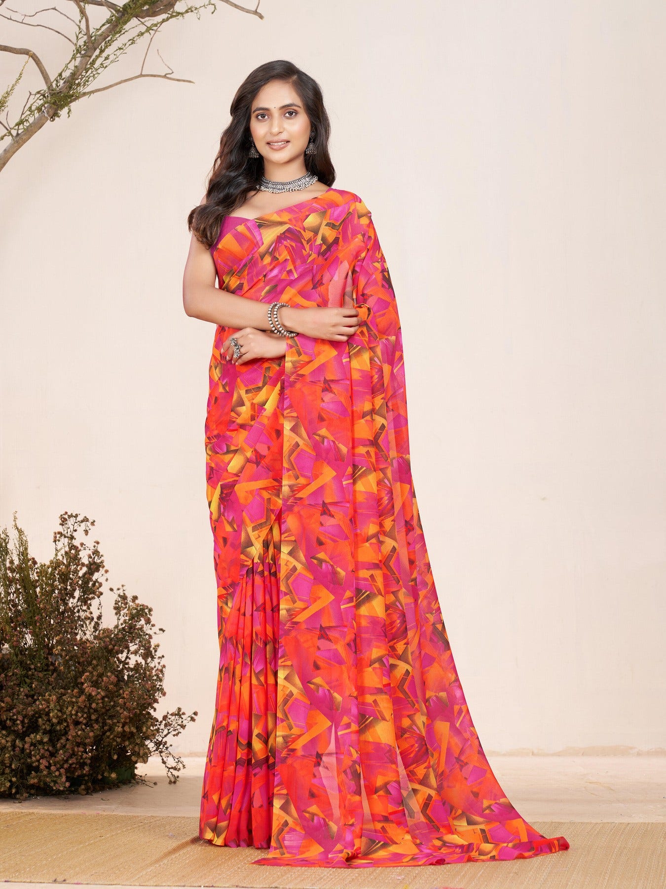 Abstract Printed Georgette Red Saree 